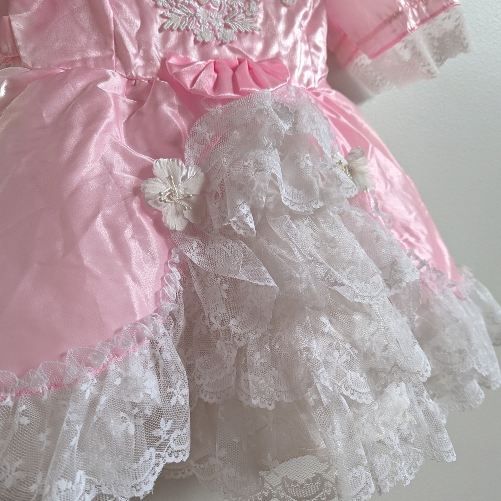 Vtg Lida Pageant Dress 3T Pink Shimmer Lace Beaded - Picture 2 of 6